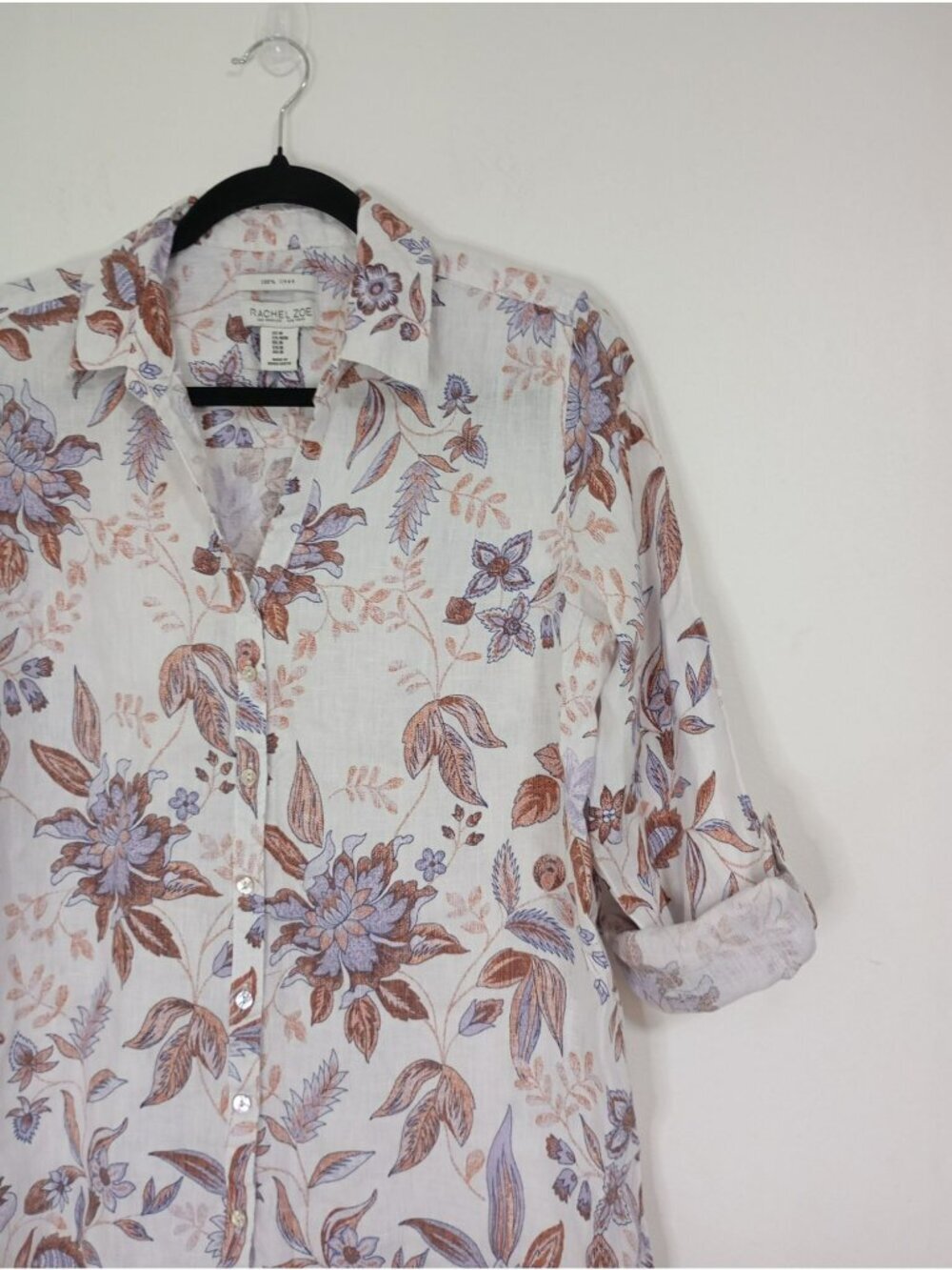 Rachel Zoe Womens 100% Linen Floral Button-Up Shirt Size M - Picture 8 of 13